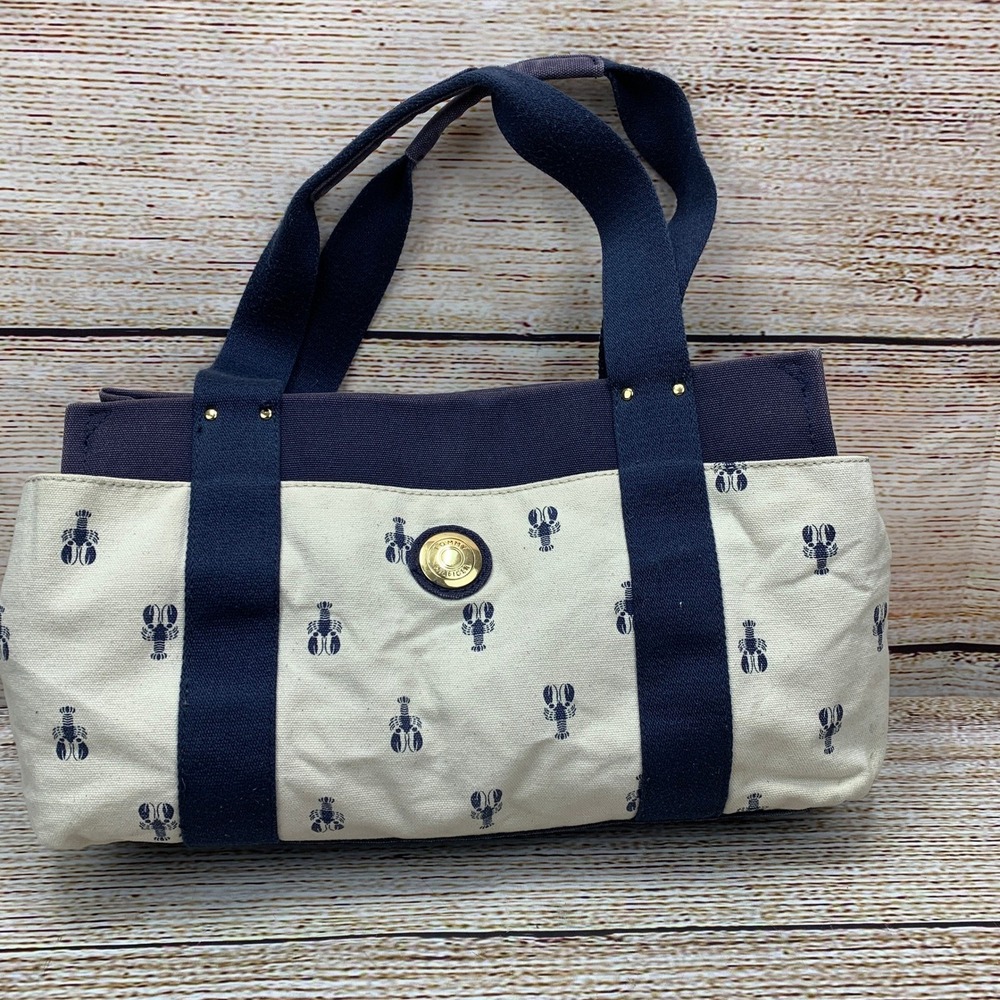 Tommy Hilfiger Lobster Print Tote Bag [2014] Canvas‎ Blue Cream Button Purse